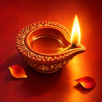 Lit Clay Diya Lamp With Petals