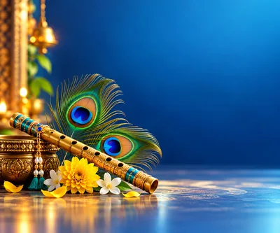 Krishna Flute With Peacock Feathers And Flowers