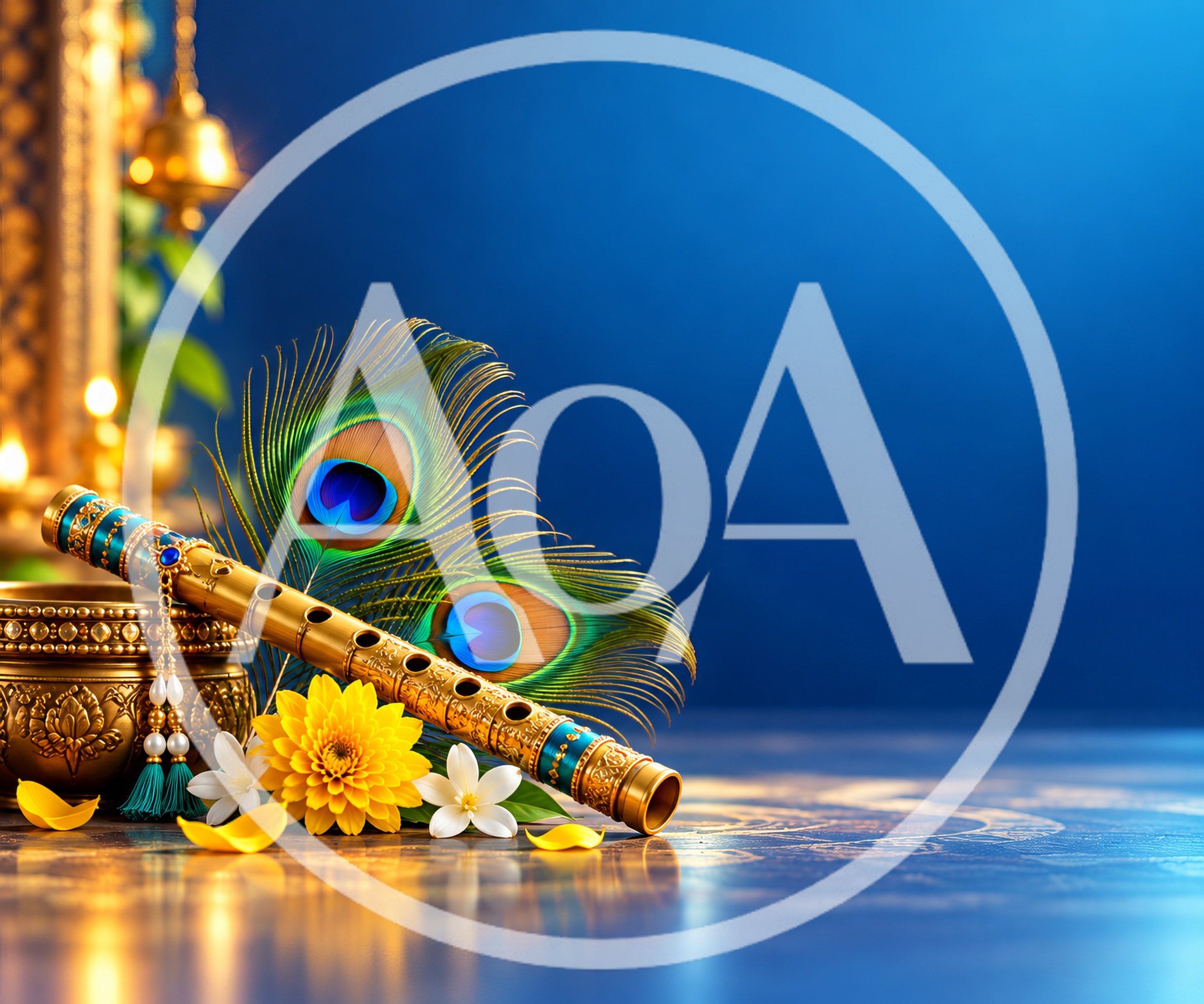 Krishna Flute With Peacock Feathers And Flowers