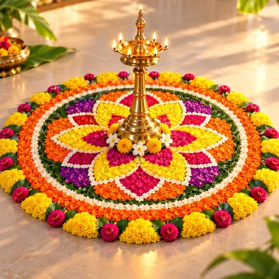 Traditional Indian Brass Oil Lamp On Floral Rangoli