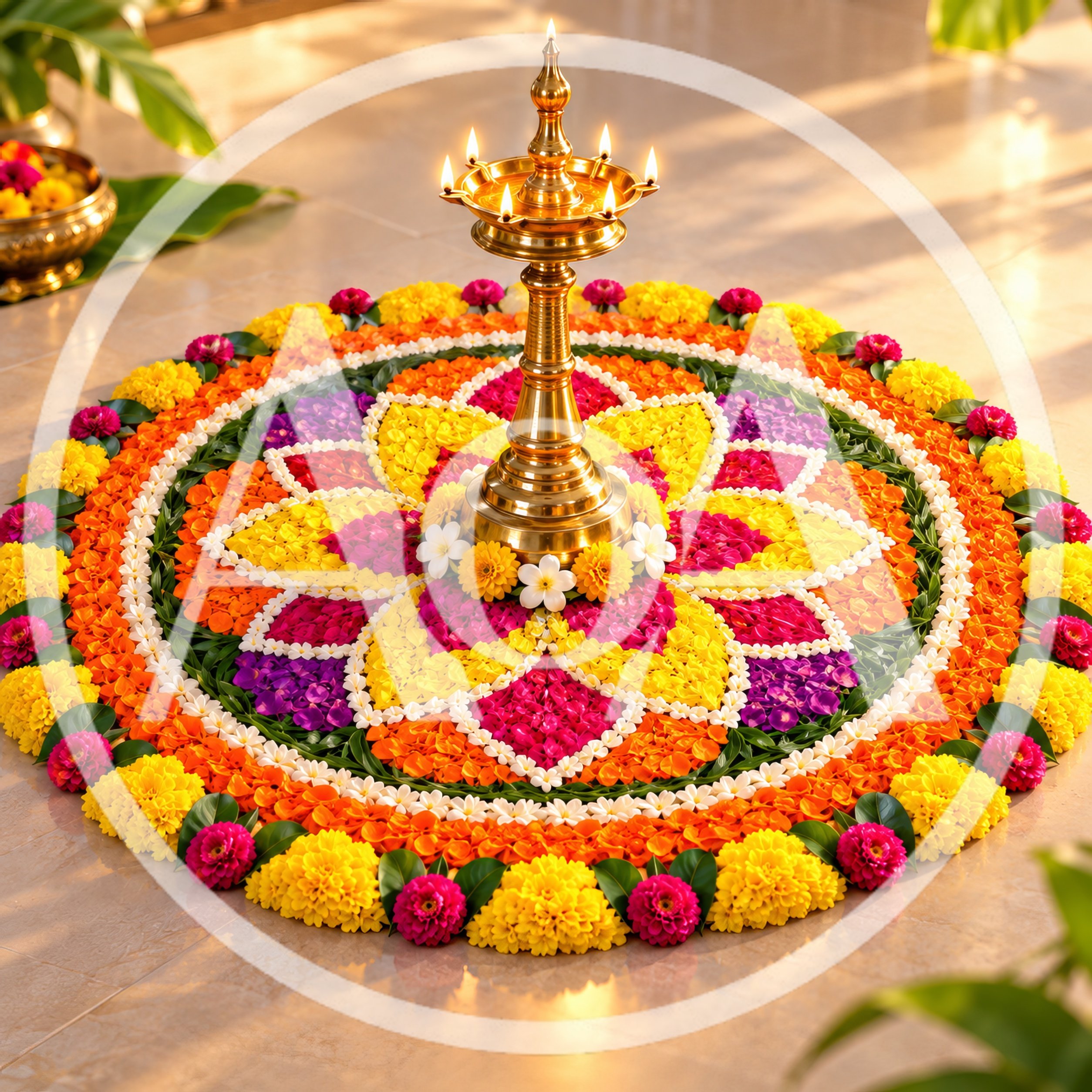 Traditional Indian Brass Oil Lamp On Floral Rangoli