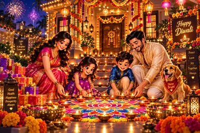 Indian Family Celebrating Diwali with Rangoli and Diyas