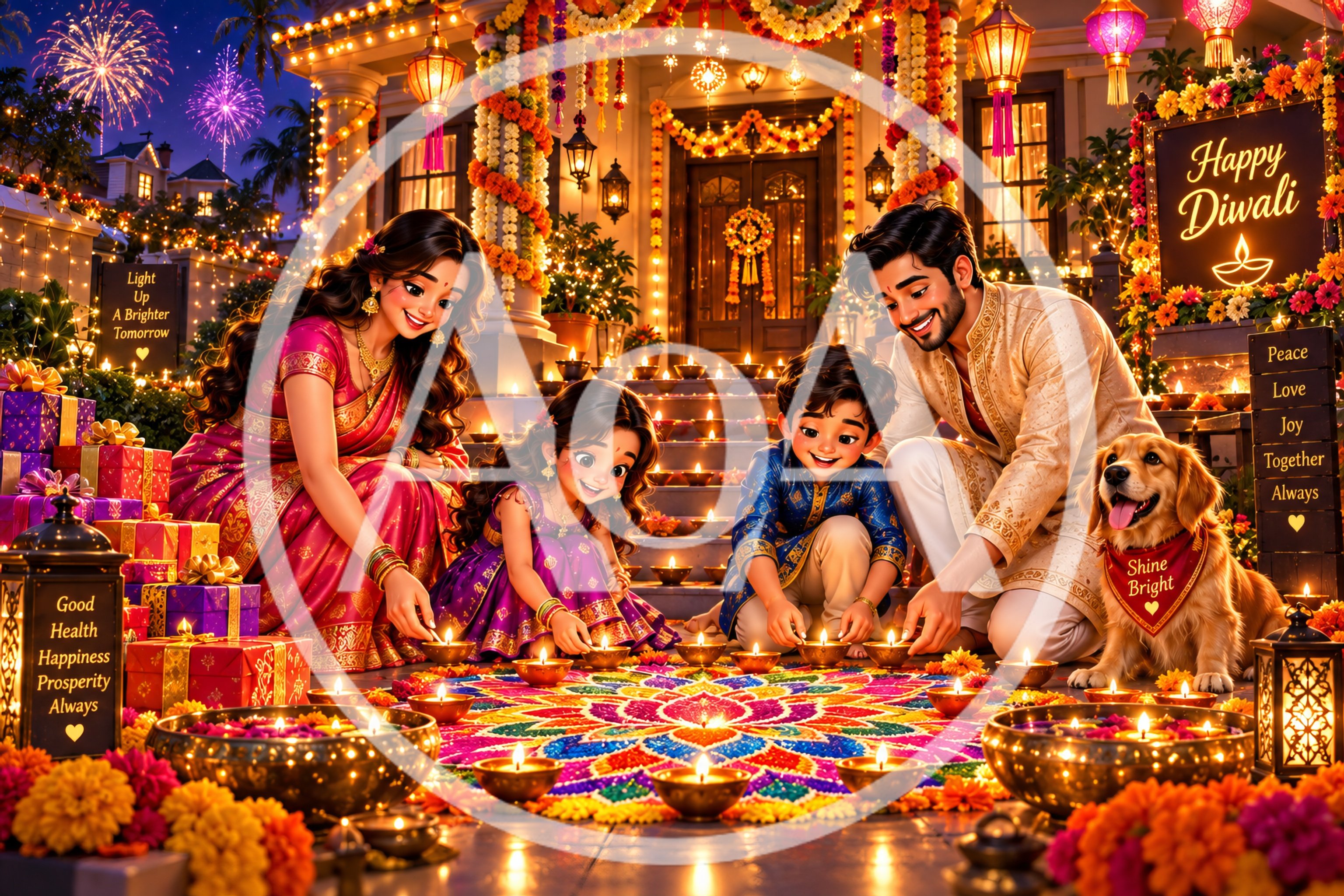 Indian Family Celebrating Diwali with Rangoli and Diyas