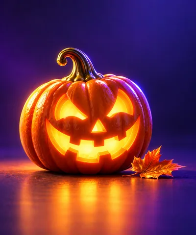 Glowing Jack O Lantern Pumpkin With Autumn Leaf