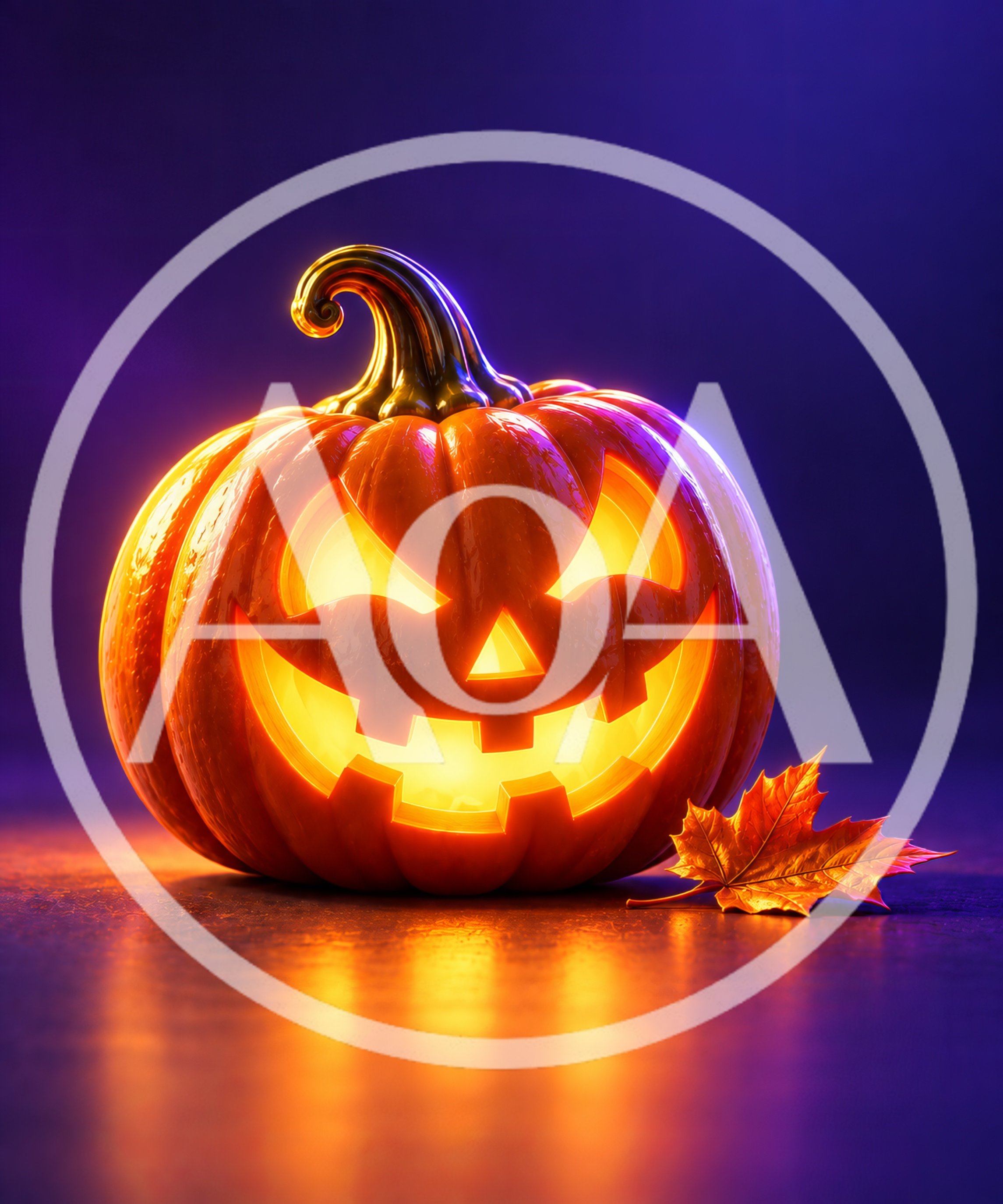 Glowing Jack O Lantern Pumpkin With Autumn Leaf