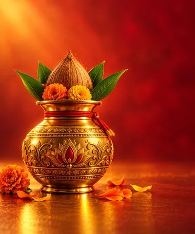 Traditional Kalash With Coconut And Flowers For Hindu Rituals