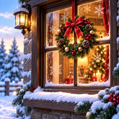 Christmas Wreath Hanging on a Snowy Window