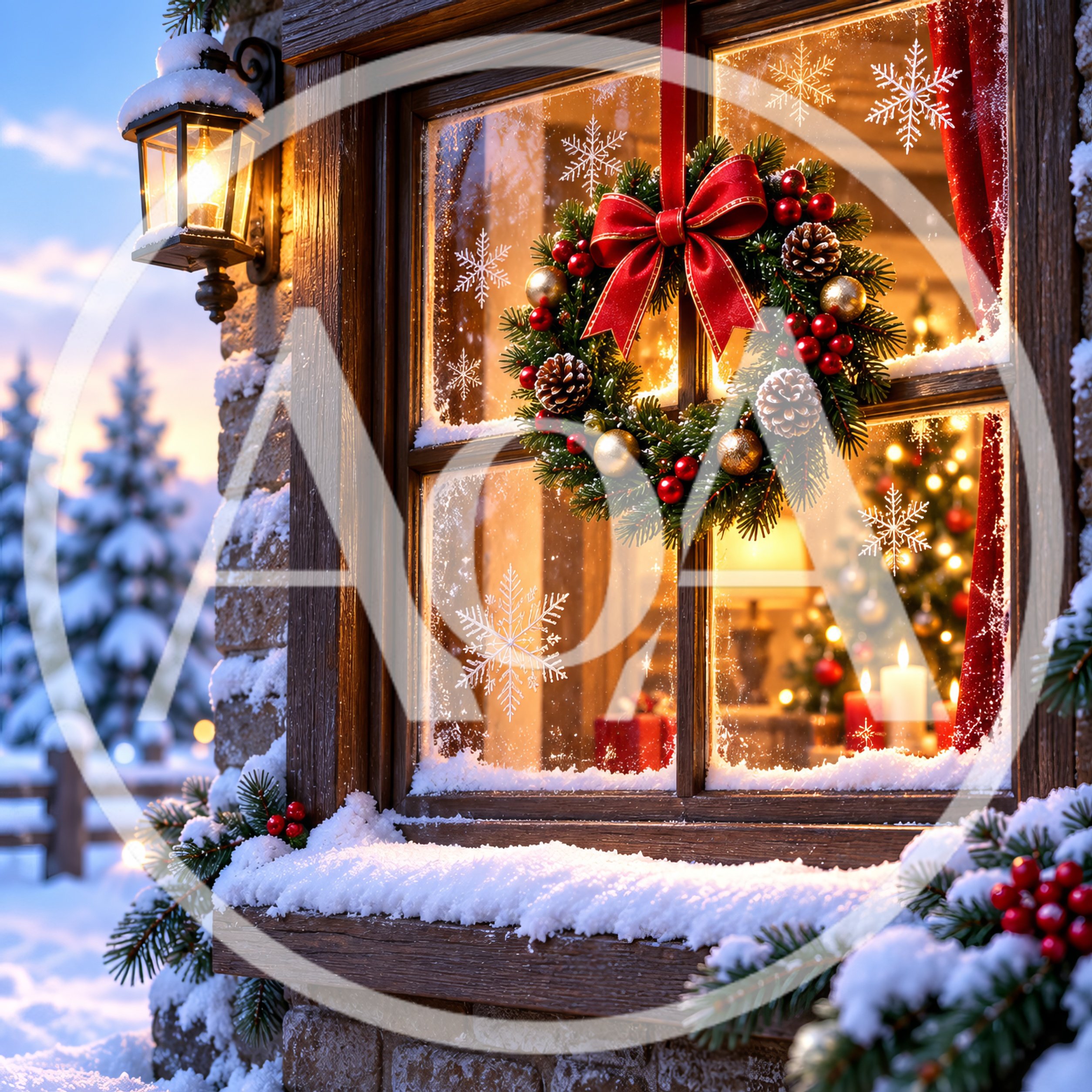 Christmas Wreath Hanging on a Snowy Window