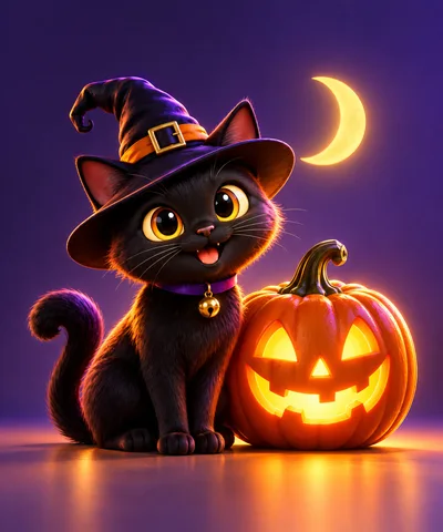Cute Black Cat Wearing Witch Hat With Jack O Lantern