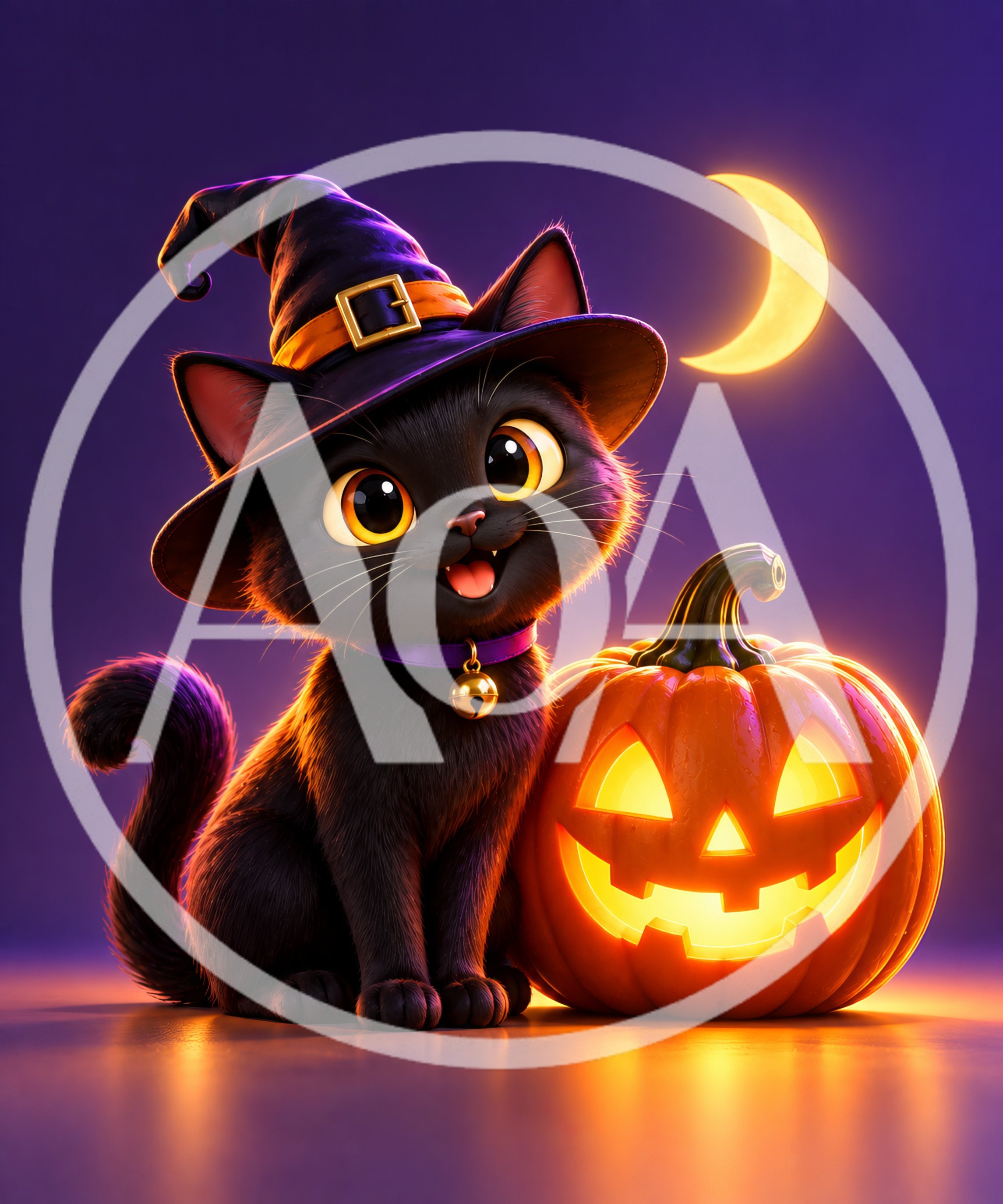 Cute Black Cat Wearing Witch Hat With Jack O Lantern