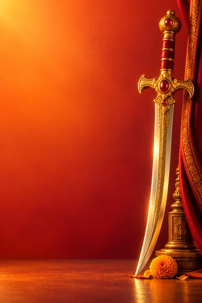 Ornate Ceremonial Sword With Red Drapes And Marigold