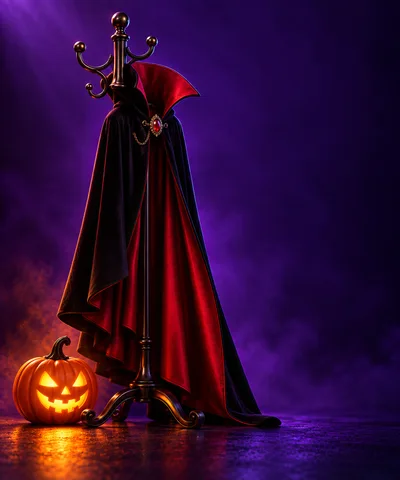 Vampire Cape on Coat Rack with Glowing Jack O Lantern