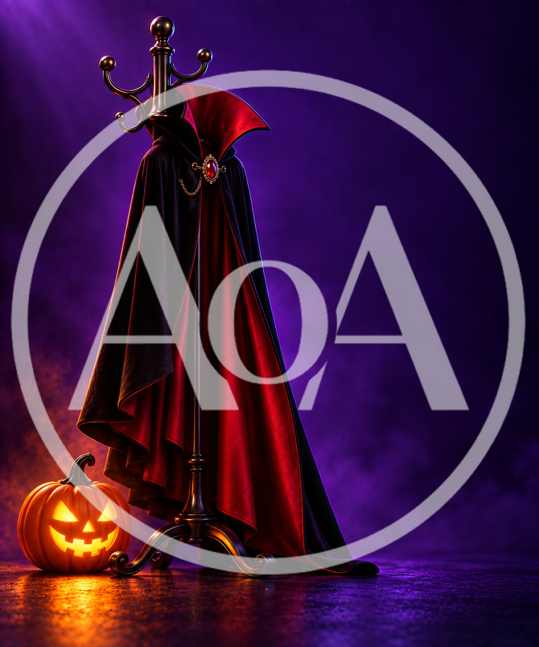 Vampire Cape on Coat Rack with Glowing Jack O Lantern