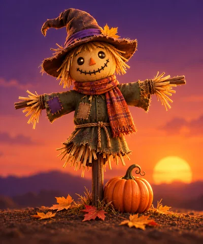 Cute Scarecrow Standing With Pumpkin At Sunset