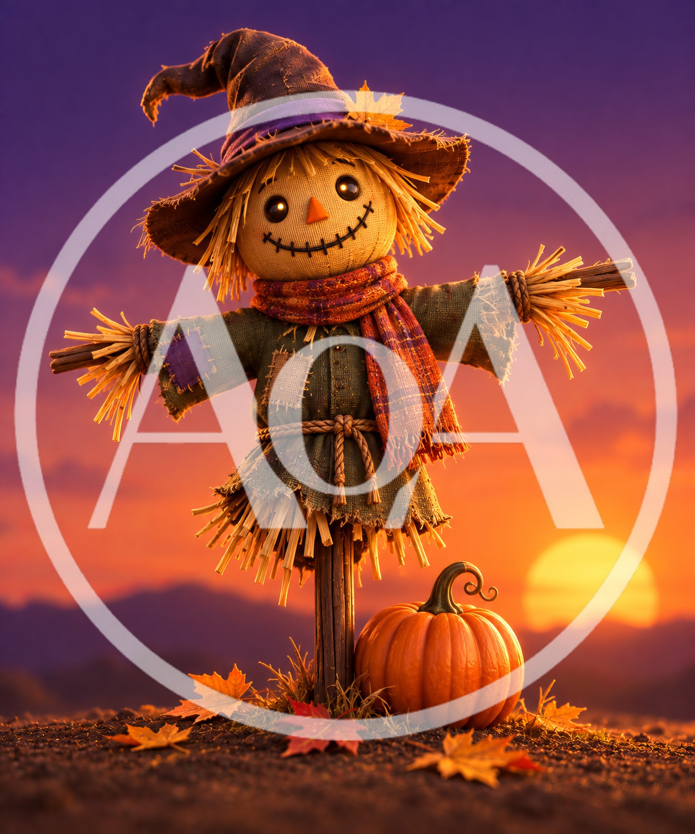 Cute Scarecrow Standing With Pumpkin At Sunset