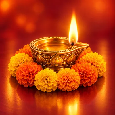 Golden Diya Lamp Surrounded By Marigold Flowers