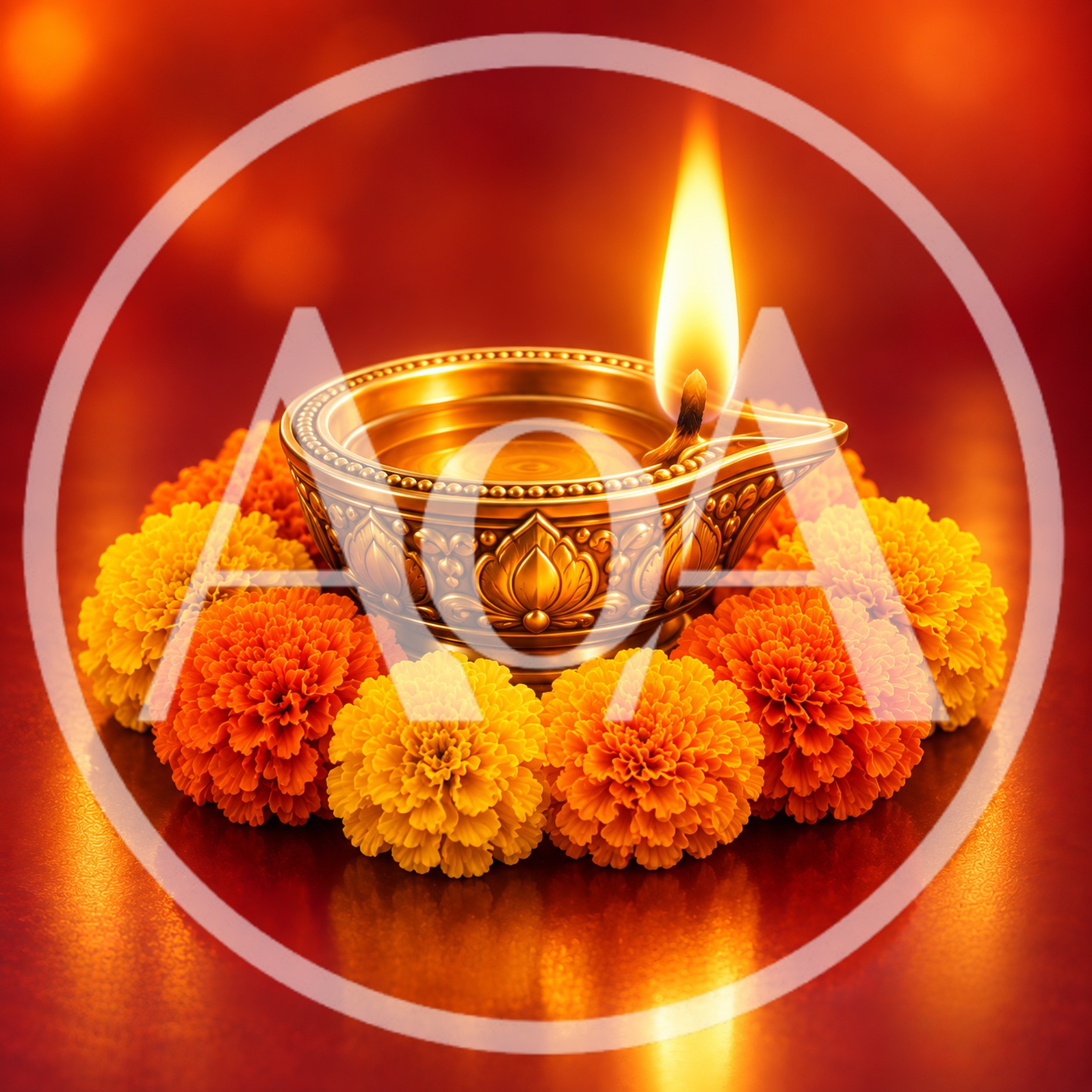 Golden Diya Lamp Surrounded By Marigold Flowers