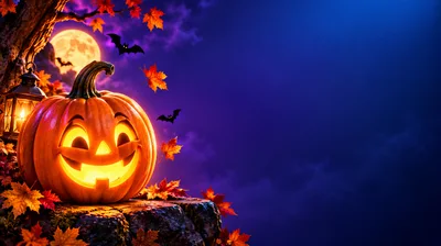 Glowing Jack O Lantern Pumpkin With Autumn Leaves