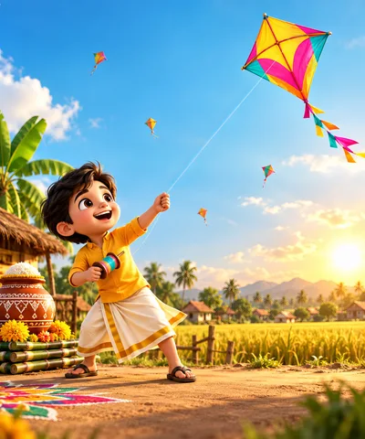 Cute Cartoon Boy Flying A Kite In Rural India
