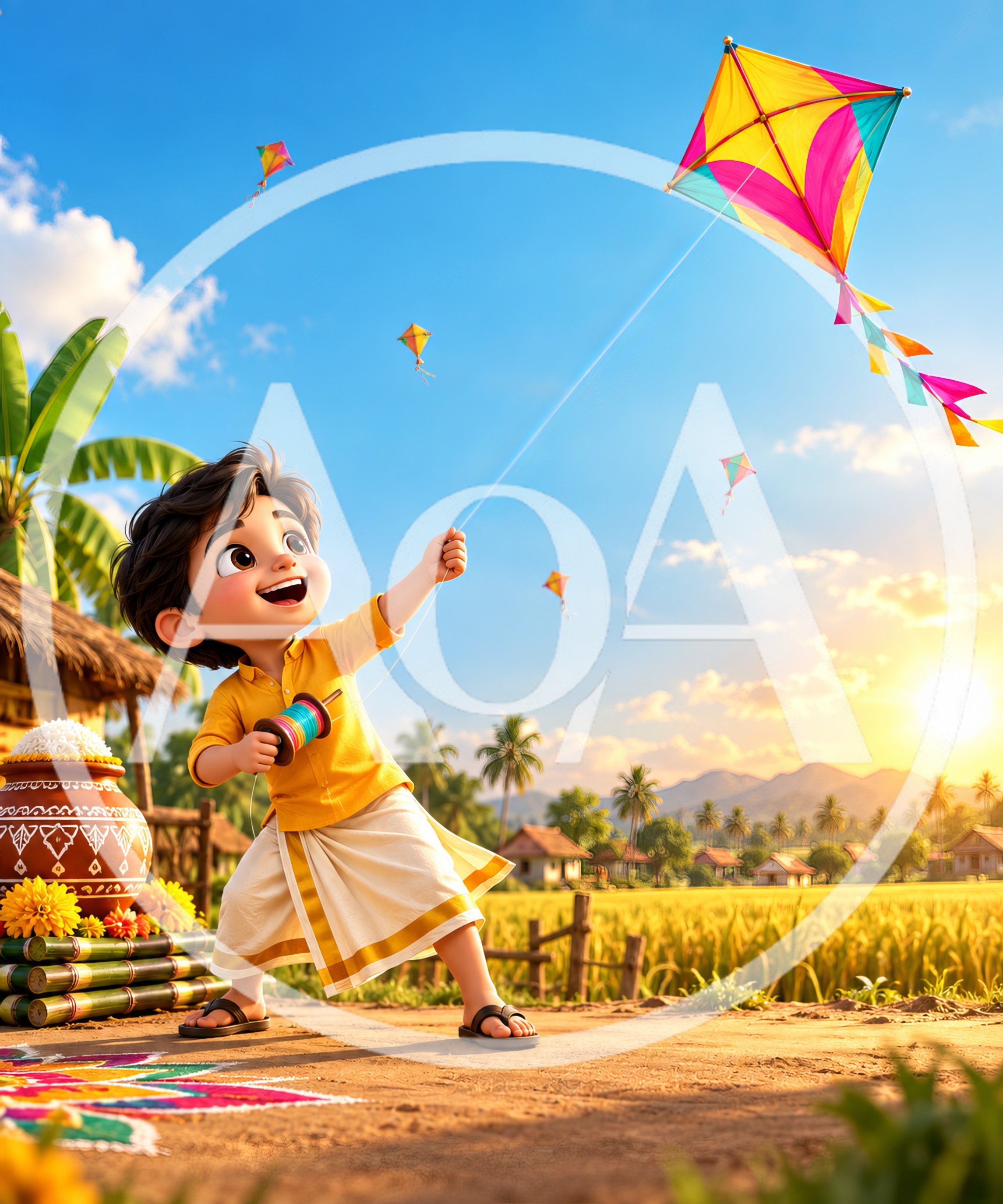 Cute Cartoon Boy Flying A Kite In Rural India
