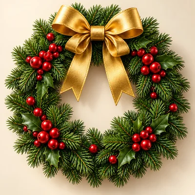 Festive Christmas Wreath With Gold Bow And Red Berries