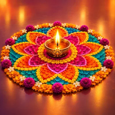 Diwali Diya Lamp On Floral Rangoli Pattern