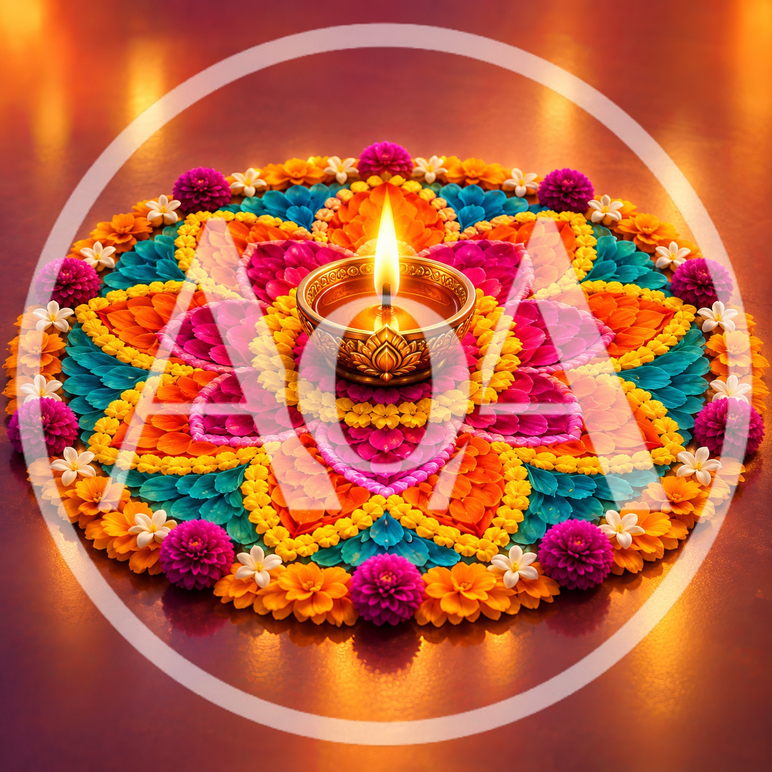 Diwali Diya Lamp On Floral Rangoli Pattern