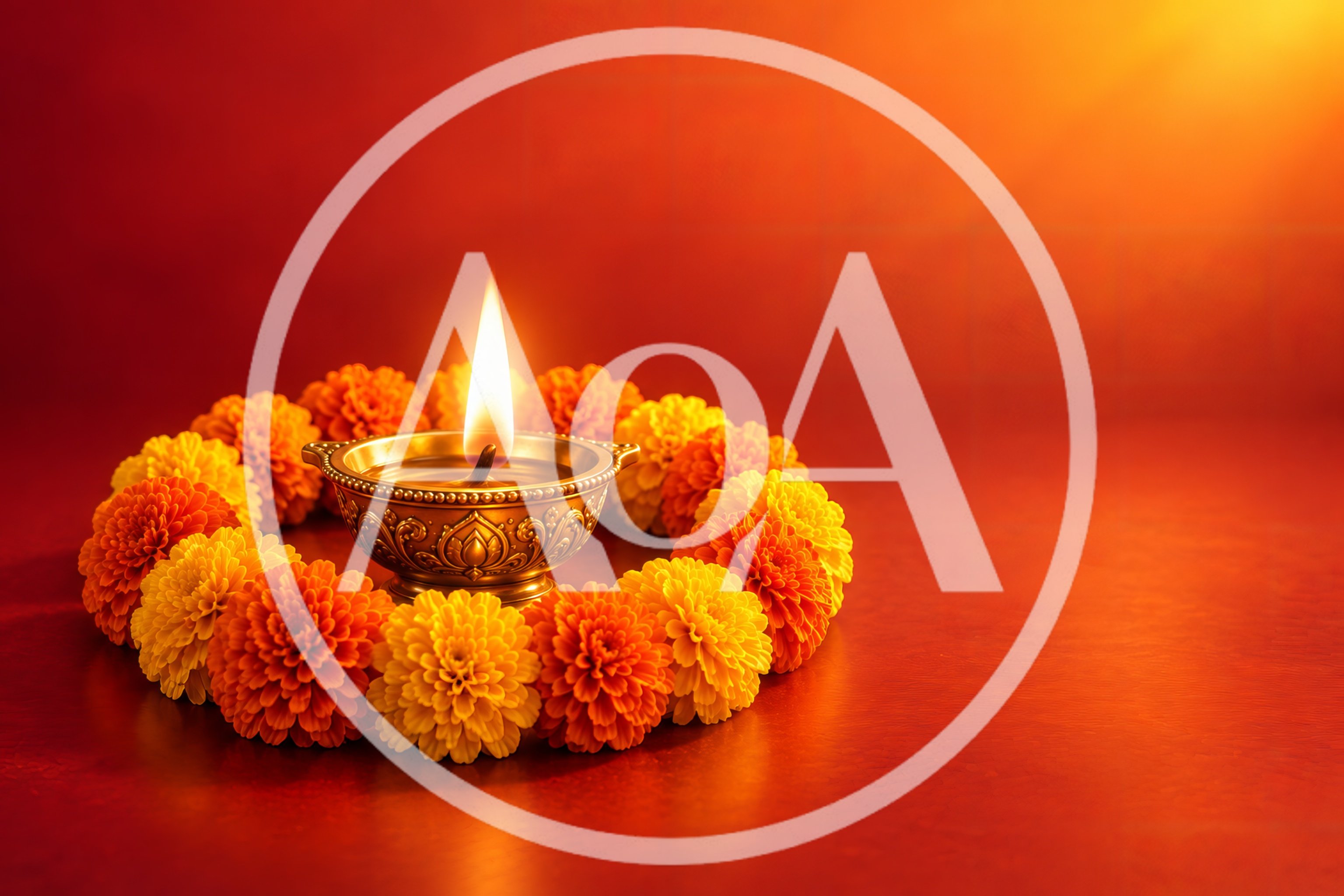 Diwali Diya Lamp Surrounded By Marigold Flowers