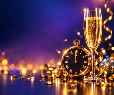 New Year Celebration With Champagne And Clock