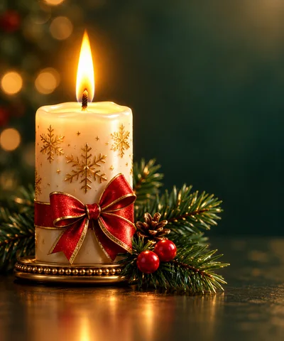 Lit Christmas Candle With Red Bow And Pine Branches