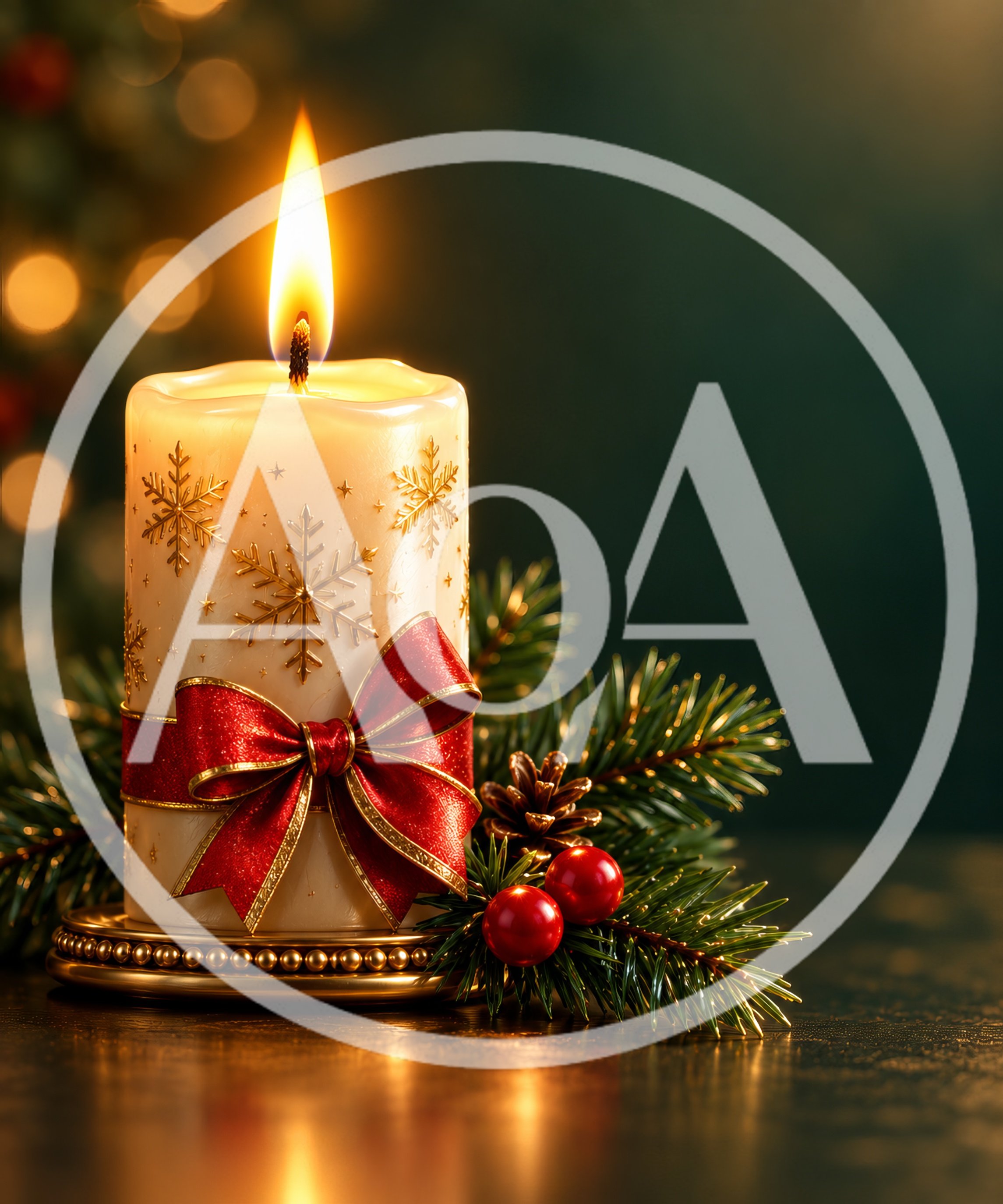 Lit Christmas Candle With Red Bow And Pine Branches