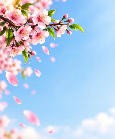 Cherry Blossom Branch With Falling Petals Against Blue Sky