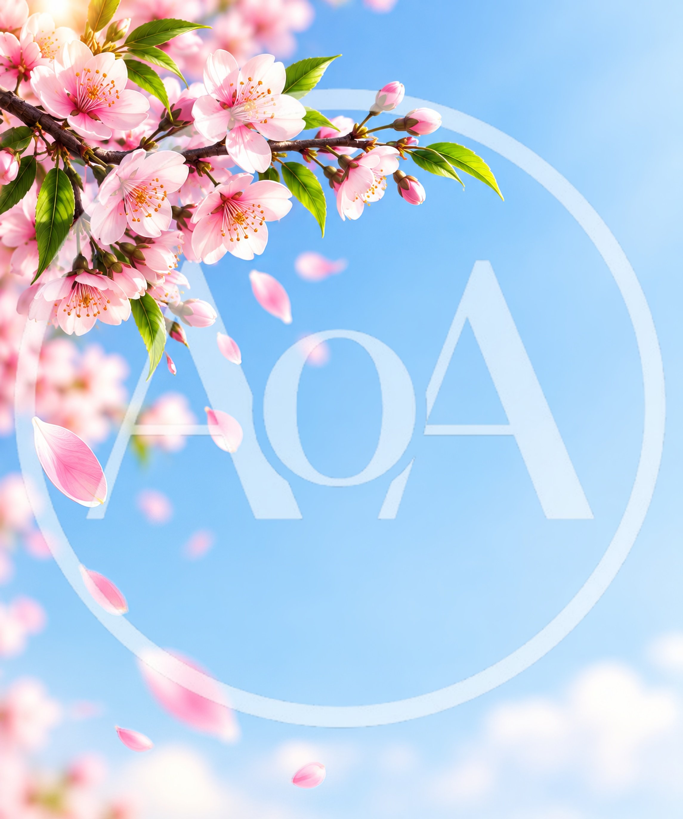 Cherry Blossom Branch With Falling Petals Against Blue Sky