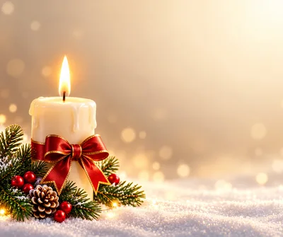 Lit Christmas Candle With Red Ribbon And Pine Branches
