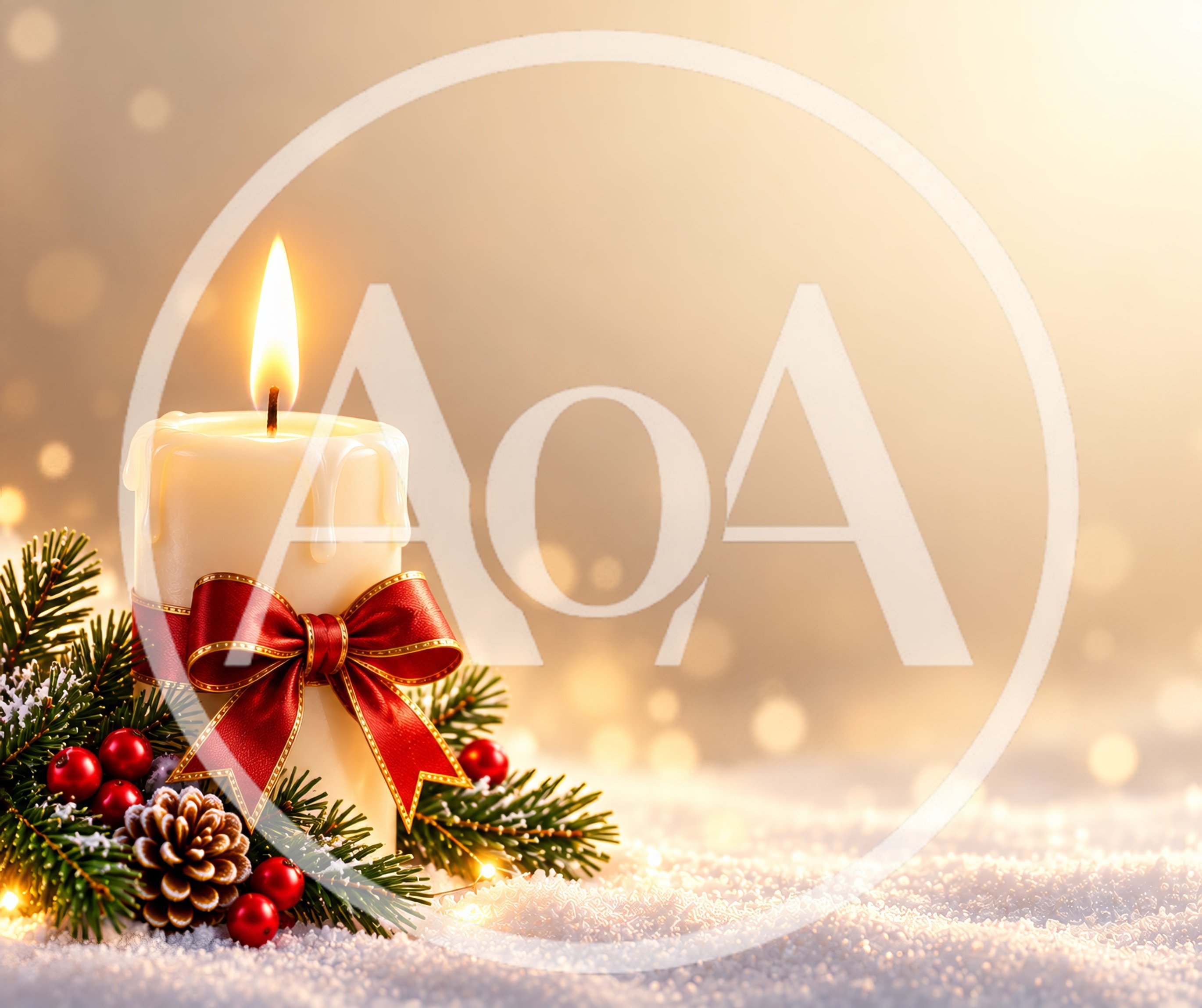 Lit Christmas Candle With Red Ribbon And Pine Branches