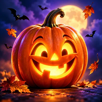 Glowing Jack O Lantern Pumpkin With Flying Autumn Leaves