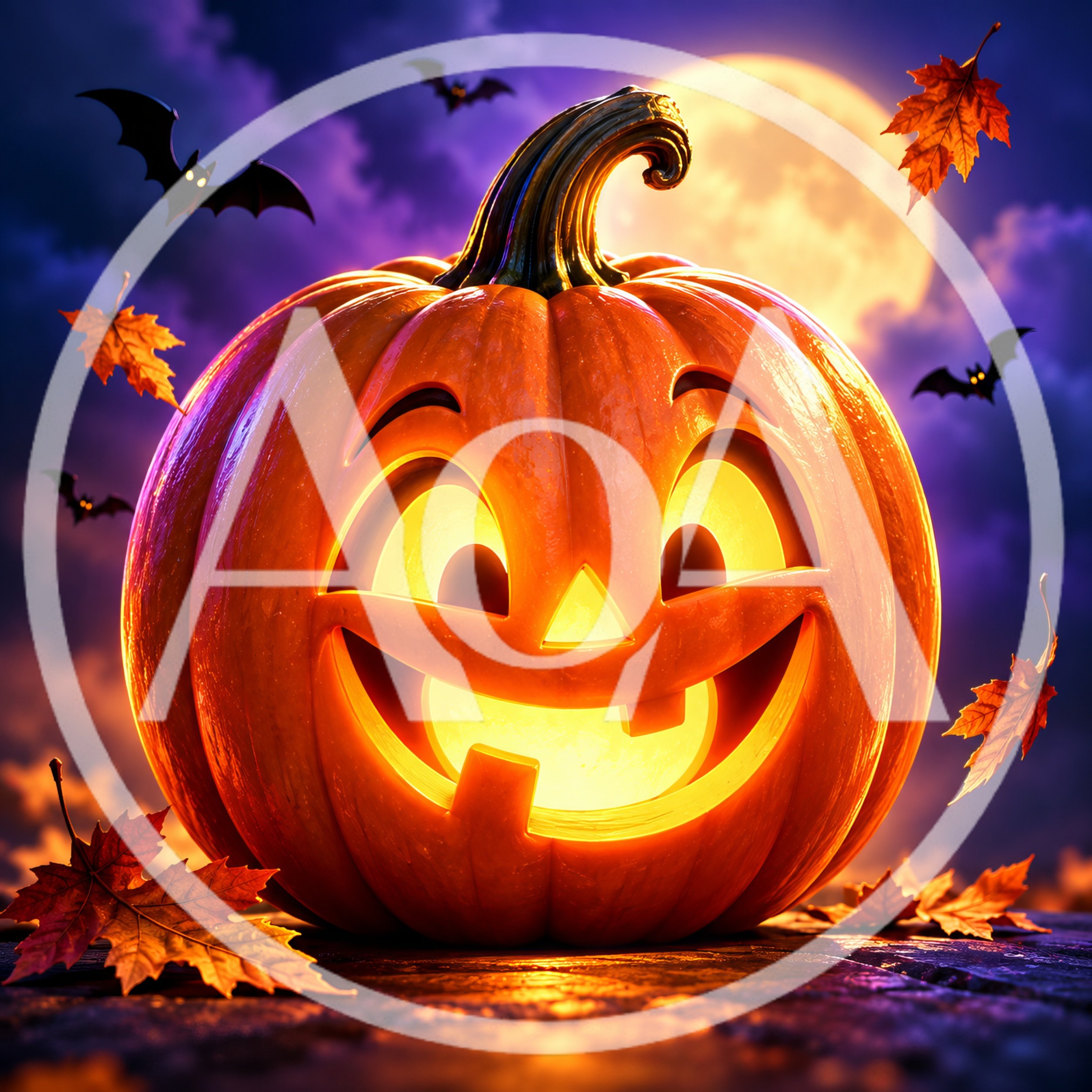 Glowing Jack O Lantern Pumpkin With Flying Autumn Leaves