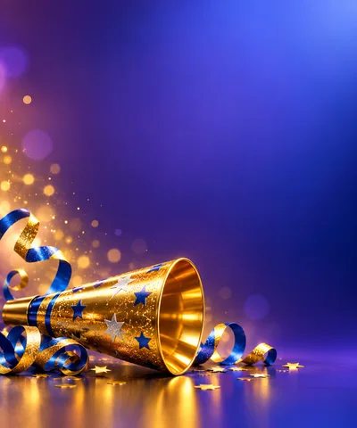 Golden Party Horn With Blue Ribbons And Confetti
