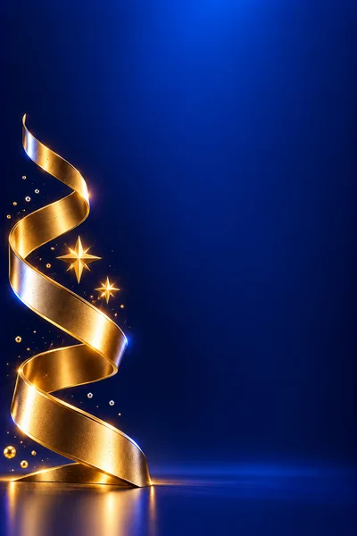 Abstract Golden Ribbon Christmas Tree on Blue Background