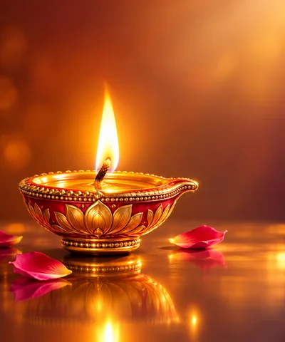 Lit Diya Oil Lamp With Rose Petals