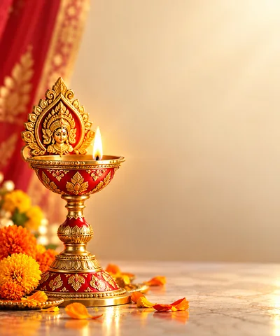 Decorative Brass Diya Lamp with Goddess Durga Motif