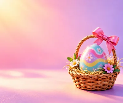 Easter Egg in Wicker Basket with Pink Bow