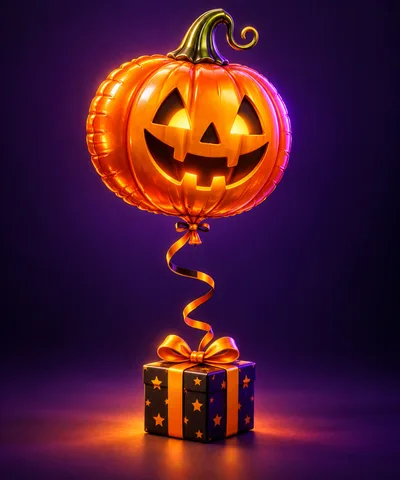 Floating Jack O Lantern Balloon Tied To Gift Box