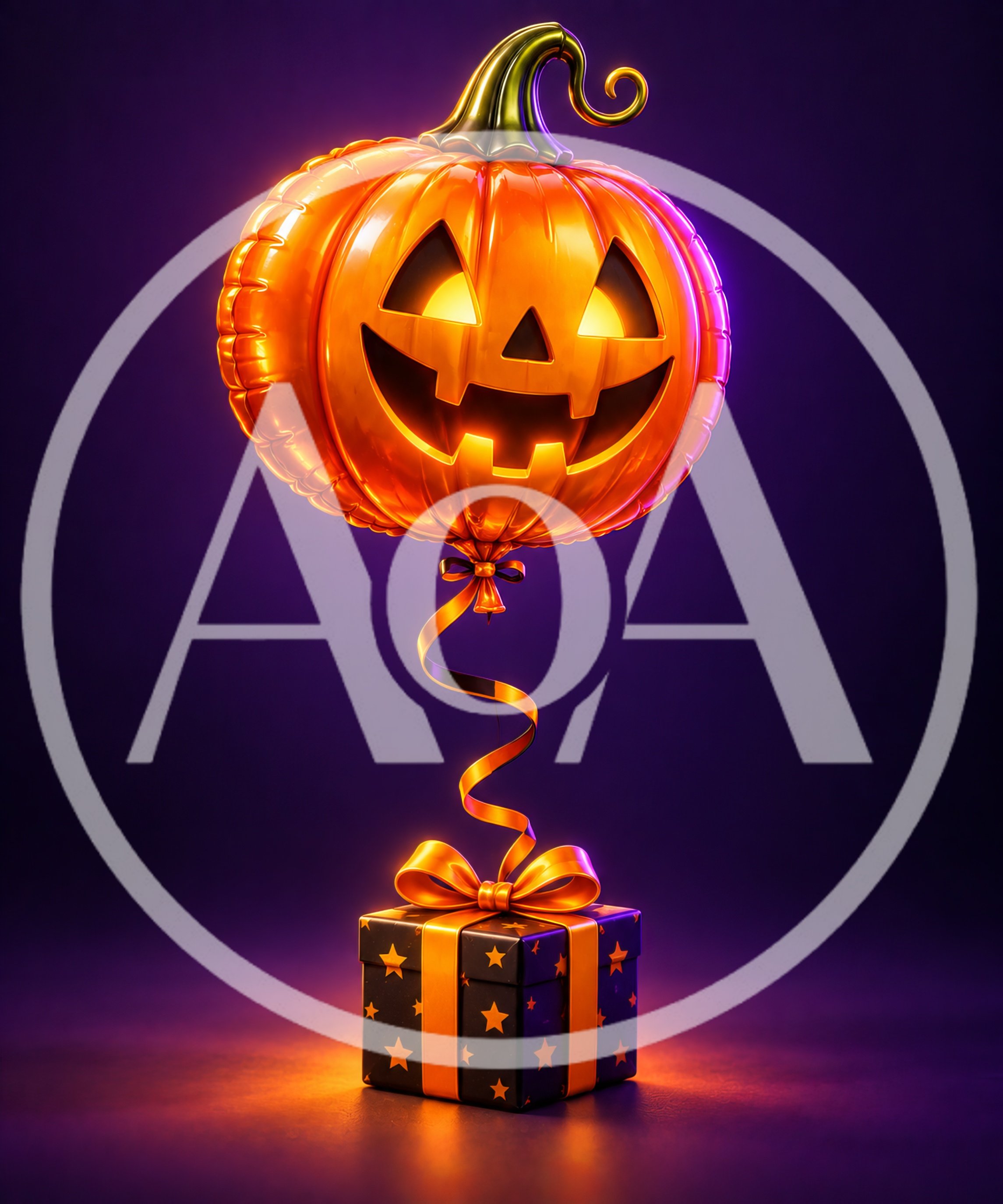 Floating Jack O Lantern Balloon Tied To Gift Box