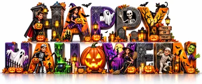 3D Happy Halloween Text With Festive Characters