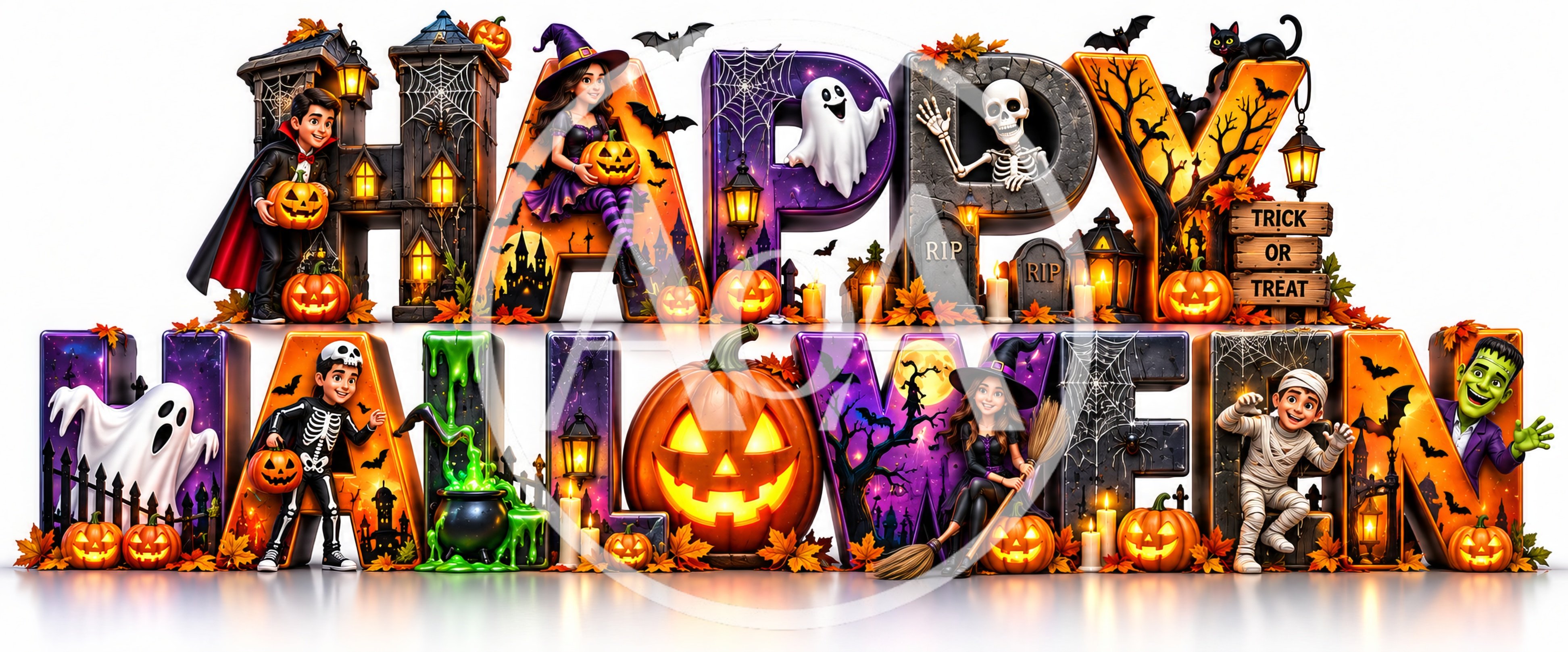 3D Happy Halloween Text With Festive Characters
