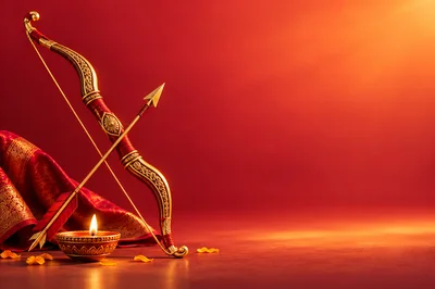 Traditional Indian Bow and Arrow with Lit Diya