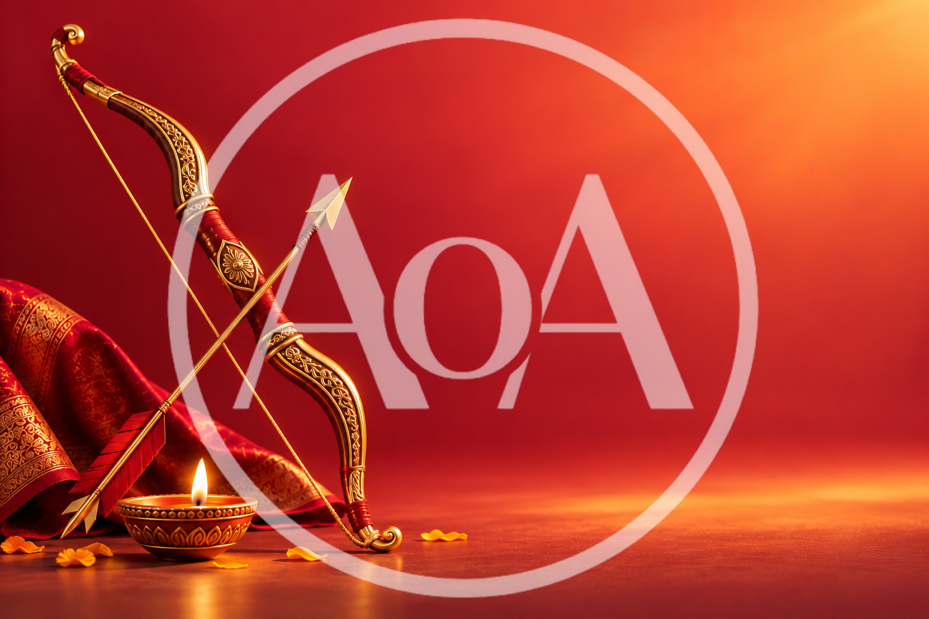Traditional Indian Bow and Arrow with Lit Diya