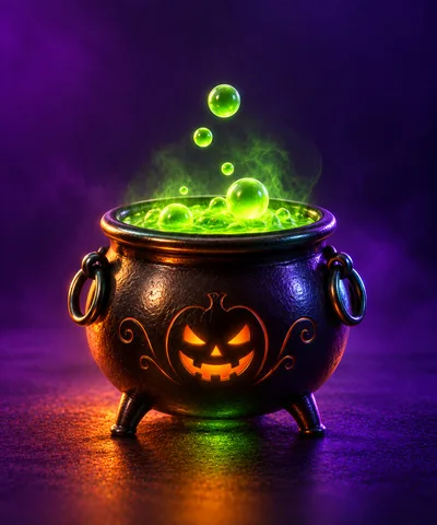 Glowing Halloween Cauldron With Bubbling Green Potion