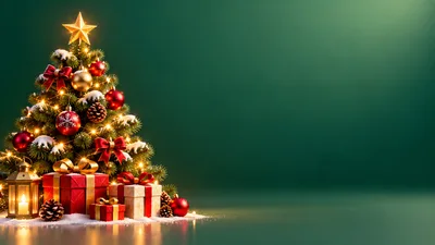 Decorated Christmas Tree With Gifts And Lantern